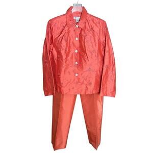 Rafael Petite Silk Embroidered Blouse and Peck and Peck Silk Pants Set Coral 14